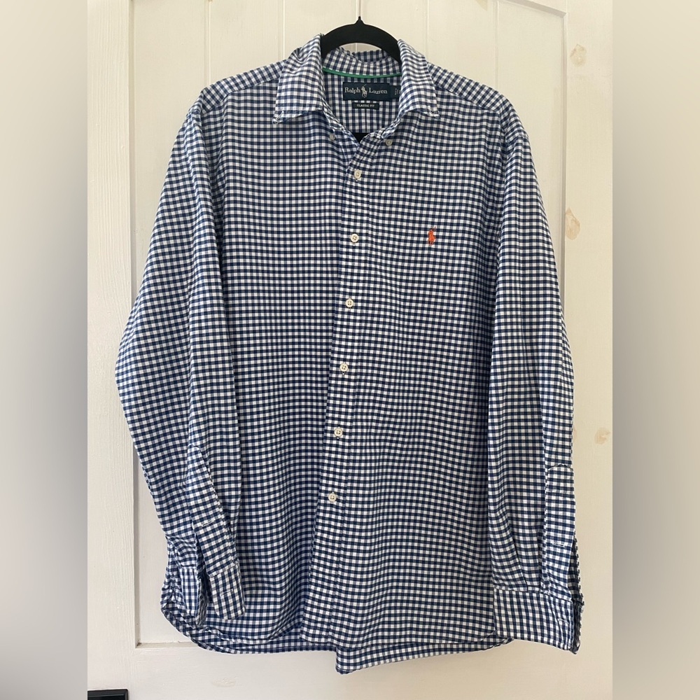 Ralph Lauren Men's Blue Gingham Button-Down Shirt long Sleeves Size L cotton